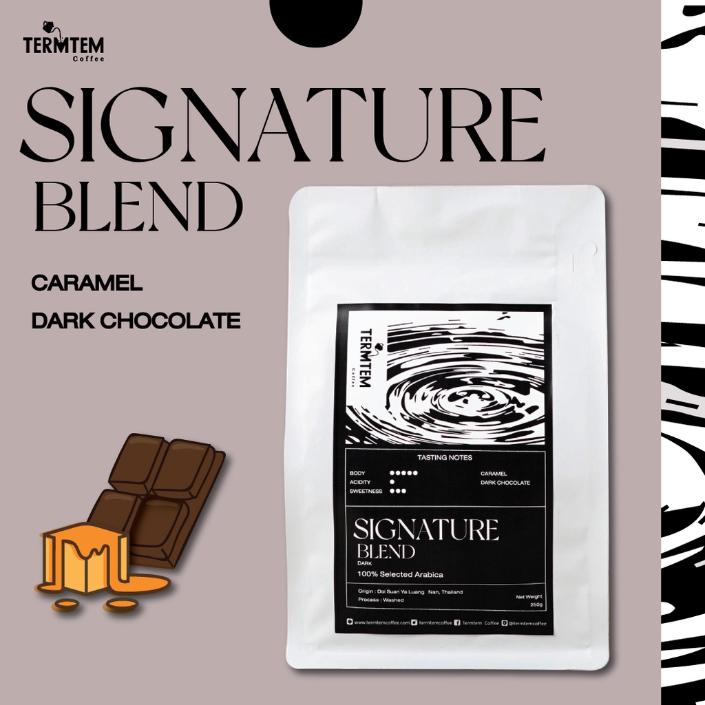 เมล็ดกาแฟ-Signature Blendคั่วเข้มอาราบิกาแท้100%กาแฟคัดเกรดพรีเมียมจากน่าน ประเทศไทย,ถุงซิปล้อคใช้ง่าย
