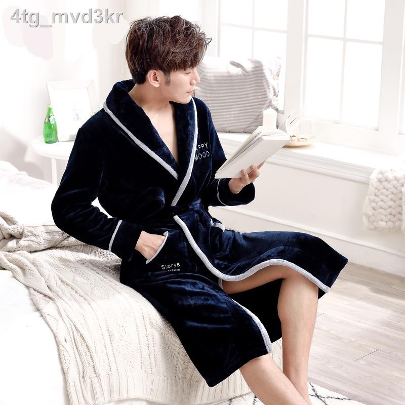 พร้อมส่งMen s Coral Fleece Nightgown Winter Thicken Warm Pajamas Autumn ...