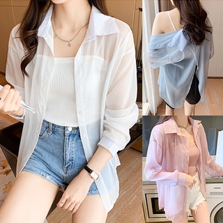 W204#เสื้อเชิ้ตแขนยาวผู้หญิง คอปก เชิ้ตชีฟองทรง สไตล์เกาหลี สีพาสเทลๆผ้าบางๆเหมาะใส่หน้าร้อนไปเที่ยวทะเล