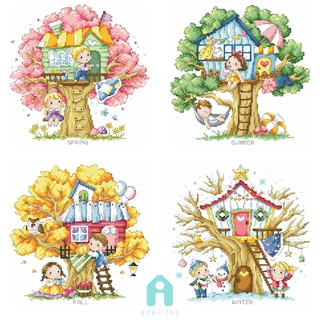 ♚Act♚Full Cross Stitch Four Seasons Tree House 14CT Counted DIY Embroidery Sets