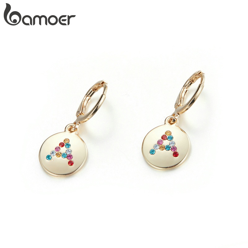 Bamoer AIE077 ต่างหูห่วง อัลลอย ประดับพลอยเทียม กันแพ้ ลายตัวอักษร เครื่องประดับแฟชั่น สําหรับผู้หญิ