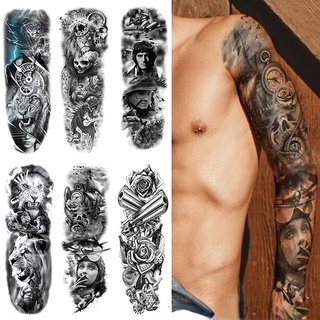 สติกเกอร์รอยสัก แบบเต็มแขน กันน้ํา เสมือนจริง ลาย Tatoos Warrior Lion Skull Rose Flower Tatoo Totem Maori