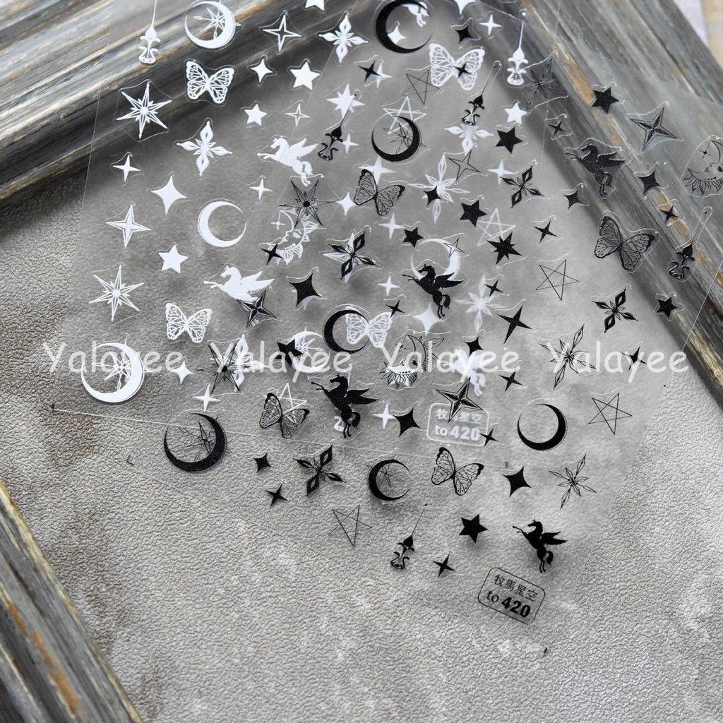 Yalayee [สติกเกอร์ติดเล็บ] の Wrangler Starry Sky Star Moon Black White Series สติกเกอร์กาว ระดับไฮเอนด์ แบบบางเฉียบ