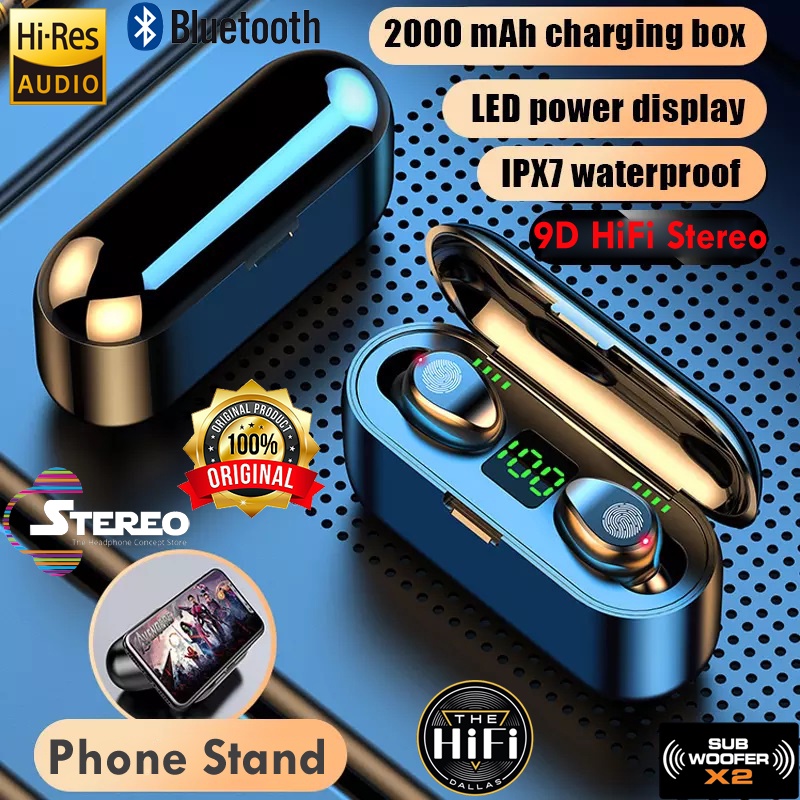 หูฟัง TWS F9 หูฟังบลูทูธ V5.0 เสียงสเตอริโอ 9D ไฮไฟ หูฟังไร้สายควบคุมแบบสัมผัส จอแสดงผล LED พร้อมพาวเวอร์แบงค์ 2000mAh I