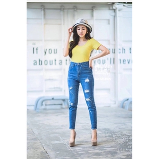 Mystyle jeansยีนส์ขายาว เอวสูง ทรงบอย แต่งขาดไซส์S,M MS1027