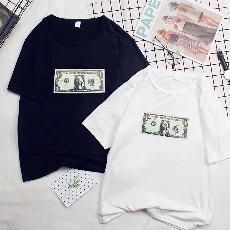 Fulllove เสื้อยืดแขนสั้น เสื้อยืดสีขาว เสื้อสีขาว ขาว ดำ Dollar