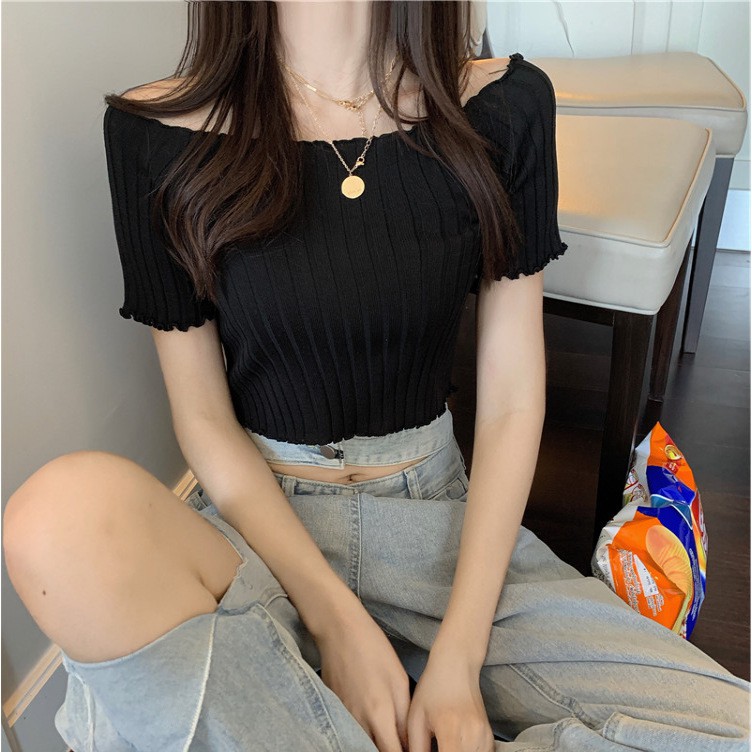 จัดส่งที่รวดเร็ว เสื้อปาดไหล่ คาร์ดิแกนสีทึบเซ็กซี่สไตล์เกาหลี ผ้านุ่ม สวมใส่สบาย