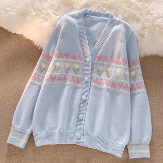 Baby blue cardigan 🌷🌸🌼 เสื้อกันหนาวแขนยาว สีฟ้า ปักลายดอกไม้ที่หน้าอก