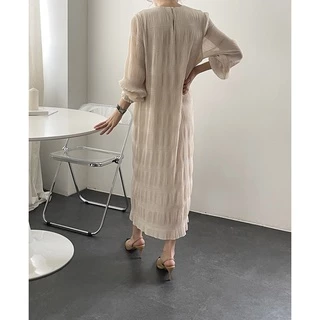 🇹🇭พร้อมส่ง(5-33)Dress Korea เดรสผ้าชีฟองอัดพลีทย่น เรียบแต่หรู น่ารัก ใส่ทำงาน เที่ยวออกงาน คลุมท้อง