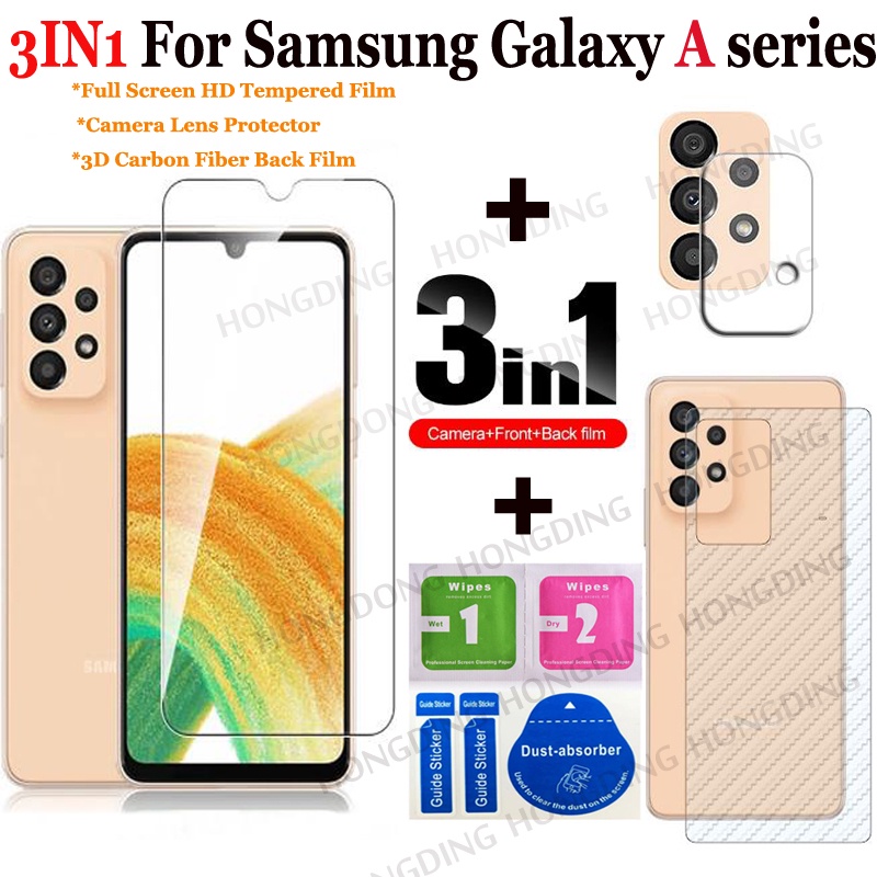 3in1 ฟิล์มกระจกนิรภัยกันรอยหน้าจอ ฟิล์มคาร์บอนไฟเบอร์ ฟิล์มเลนส์กล้อง และฟิล์มกันรอยด้านหลัง สําหรับ Samsung Galaxy A54 A34 A14 A33 A73 A53 A23 5G A13