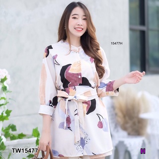 TW15477 Set 2 ชิ้น เสื้อคอจีนแขนสโลปแขน 5 ส่วน+กางเกงขาสั้น+โบว์ผูกเอว