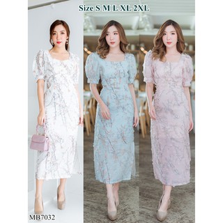 Iงานป้าย Multibrand {S-2XL} (ป้ายแท้)(เช็คของก่อนโอนเงิน) มี 5 ไซส์ ชุดเดรสยาวคอเหลี่ยม แขนตุ๊กตา กระดุมหน้า 7032