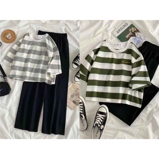 ส่งฟรี♨ส่งไว ภายใน 24 ชม.💯 เซ็ตเสื้อคอกลมแขนสั้น กางเกงขายาวเอวยางยืด ลายทาง ผ้าสกูบ้า นิ่ม ยืด
