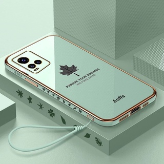 เคสมือถือ TPU ป้องกันรอย สำหรับ VIVO V27 Pro V23 5G V23e V21 V20 SE V19 Neo V17 V15 6D จัตุรัสหรูหรา เคสโทรศัพท์เคลือบด้วยไฟฟ้า เคสขอบเงากันรอยกล้อง ลายใบเมเปิล เคสหลังใส ท์ซิลิโคน สายห้อยมือถือ