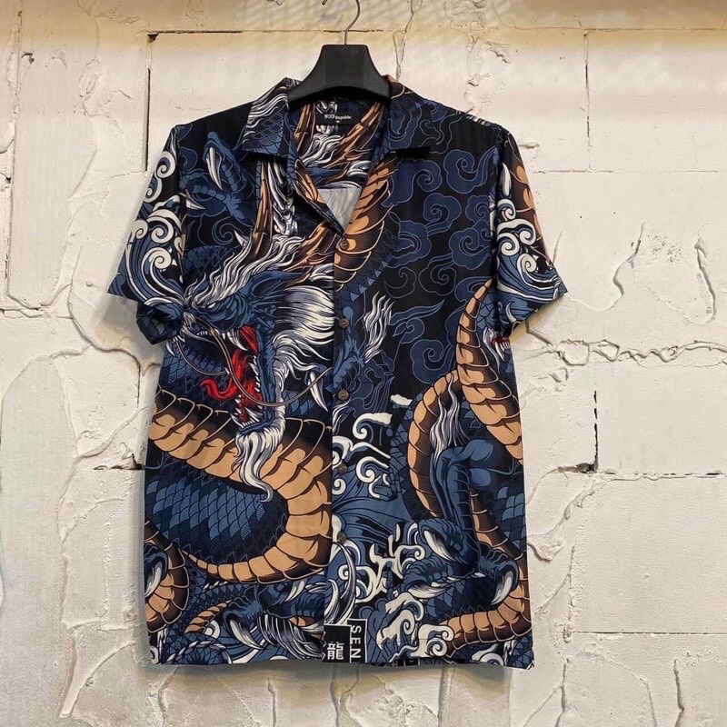 เสื้อฮาวายลายมังกร hawaii ไซส์ m l xl 2xl 3xl 4xl ผ้าไหมซาตินอิตาลี่ % ผ้านิ่มสวมใส่สบายไม่ร้อน ใส่ได้ทั้งชายและหญิง