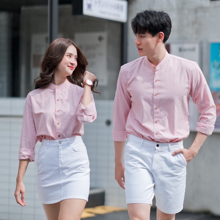 [13 สี] พร้อมส่ง เสื้อเชิ้ตคอจีนสีพีช ชุดคู่รัก ไซต์ S-XXL