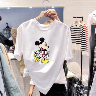 เสื้อยืดคอกลมลายการ์ตูนขายดีรอบปี2020 มีสีขาว-ดำ MICKEY พิมพ์ลายน่ารัก (S-2XL)