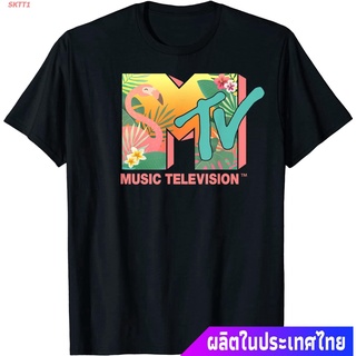 ผ้าฝ้ายแท้เสื้อยืดลำลอง MTV Flamingo Tropical Paradise Colorful Logo Graphic T-Shirt Popular T-shirtsS-4XLสามารถปรับแต่ง