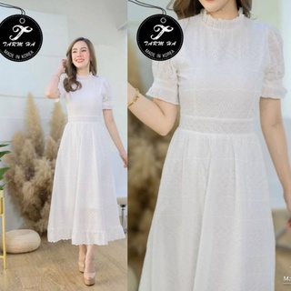 งานบุญ งานบวช!!! S-6XL Maxi Dress เดรสสีขาวผ้าฉลุลายแขนพอง งานป้าย Tarm Ha