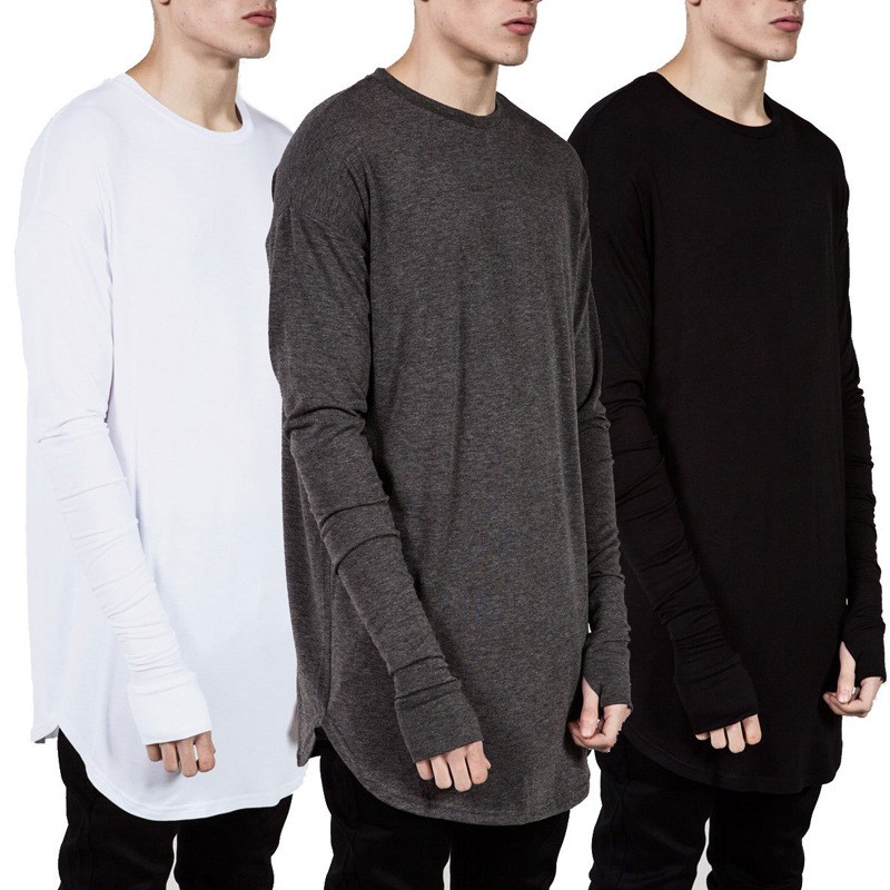ผู้ชายs Hip Hop เสื้อยืดแขนยาว Hole Cuff Street-Wear Longline Tops Tee Man Basic Tee Tops เสื้อชายเสื้อผ้าสวมใส่