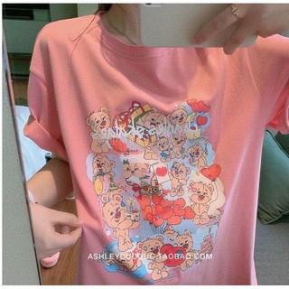 Kiss.shop🌟พร้อมส่ง🌟เสื้อยืดคอกลมแขนสั้น สกรีนน้องหมีน่ารักตะมุตะมิ