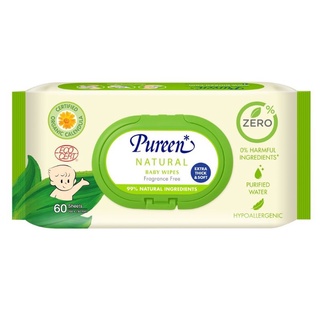 Pureen เบบี้ไวพส์ สูตร เนเชอรัล Natural Baby Wipes 60 แผ่น ผ้าเช็ดทำความสะอาดผิว