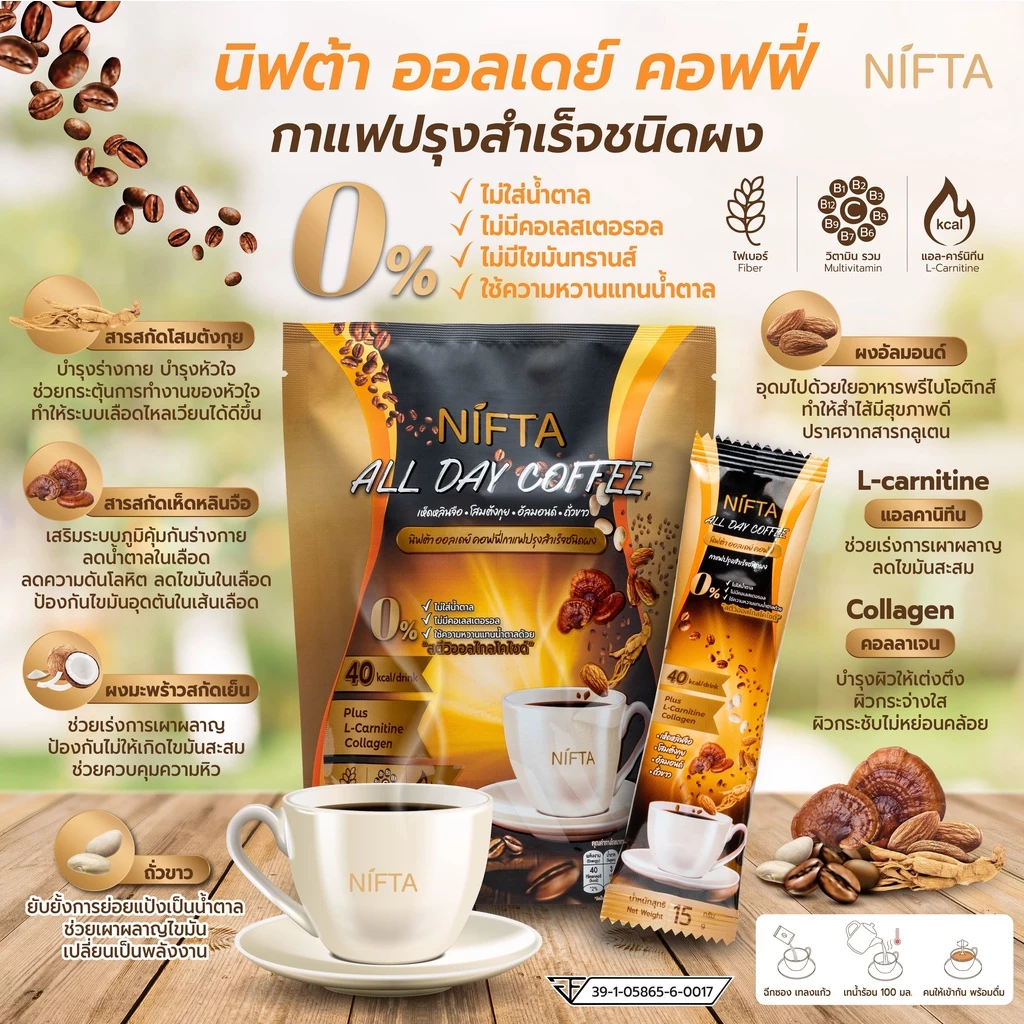 (1 ซอง) NIFTA ALL DAY COFFEE กาแฟลดน้ำหนัก กาแฟอราบิก้าระดับพรีเมี่ยม แคลต่ำ ช่วยระบบเผาผลาญ คุมหิว ไม่มีไขมันทรานส์ thumbnail 6