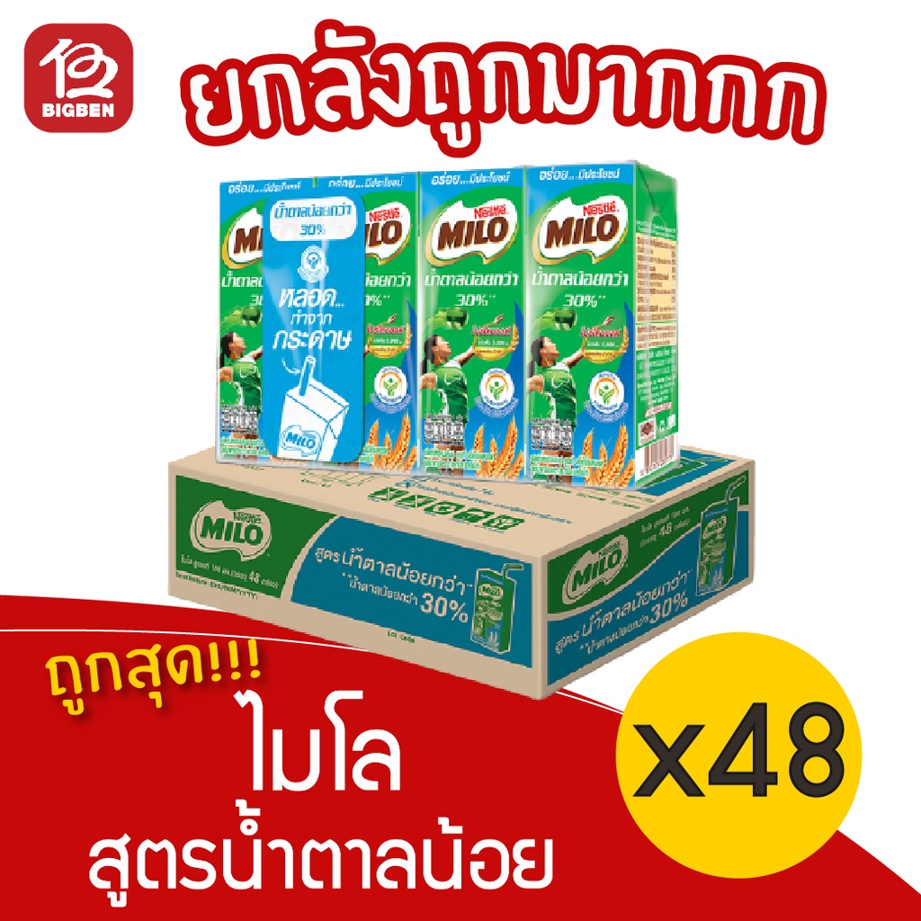 [ยกลัง 12 แพ็ค] Milo ไมโล เครื่องดื่มมอลต์ ยูเอชที สูตรน้ำตาลน้อย (165 มล. x 48กล่อง)