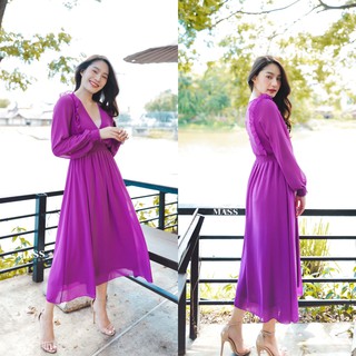 MASS Fashion : เดรสยาว แขนยาว ออกงาน V-neck Violet Swing Dress