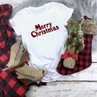 ⚡️ พร้อมส่ง⚡️ Plaid Merry Christmas T Shirt Women Fashion Graphic Cute Tee Kawaii TShirt Fashion Christmas Party Shirt