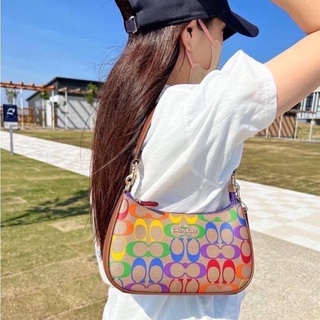 Coach แท้ 💯 Teri Shoulder Bag In Rainbow Signature Canvas  IM/Khaki Multi