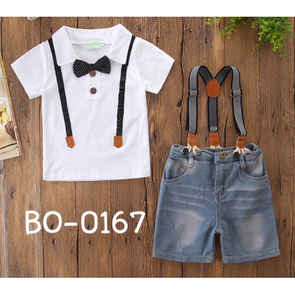 ชุดเด็กผู้ชายออกงาน เสื้อคอปกแขนสั้นสีขาว ติดหูกระต่าย + กางเกงยีนส์ขาสั้น และสายเอี๊ยม (3ชิ้น) BO01