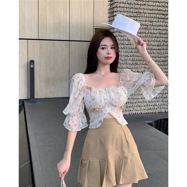 เสื้อครอปเชิ้ตแขนพอง ผ้าชีฟองลายดอกไม้ สไตล์เกาหลี thumbnail 5