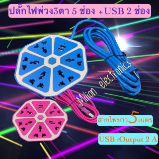 🎫🎟ปลักไฟเอนกประสงค์5ช่องUSB2ช่อง-5M