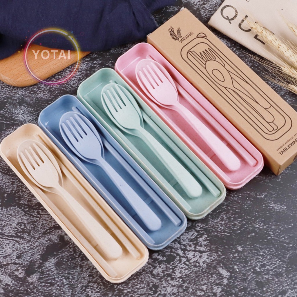 YOTAI ชุดช้อนส้อม+ตะเกียบ พร้อมกล่อง ใส่ขนาดพกพา แบบพกพา มี 4 สีให้เลือก