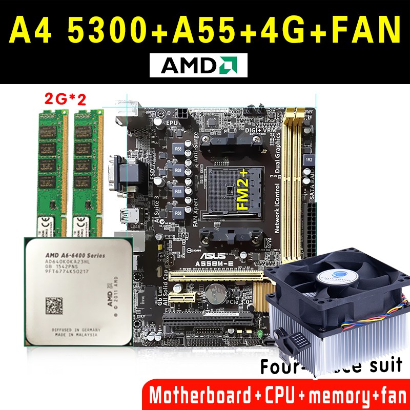 AMD A4 5300 ช่อง FM2 3.4GHz CPU/A4 6300/A6 6400K + A55 FM2/FM2 + เมนบอร์ด + RAM 4G + พัดลมหม้อน้ําสี