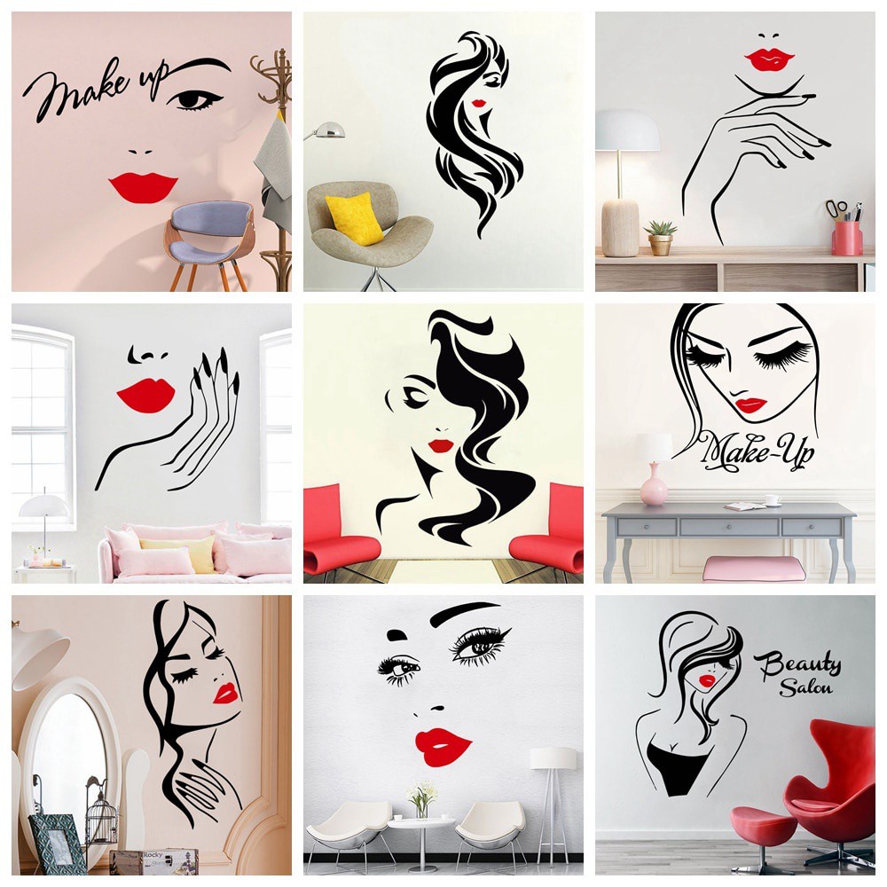 ร้านเสริมสวยสติ๊กเกอร์ติดผนังไวนิลแต่งหน้าทรงผมตัดผม รูปลิปสีแดงสําหรับเลดี้