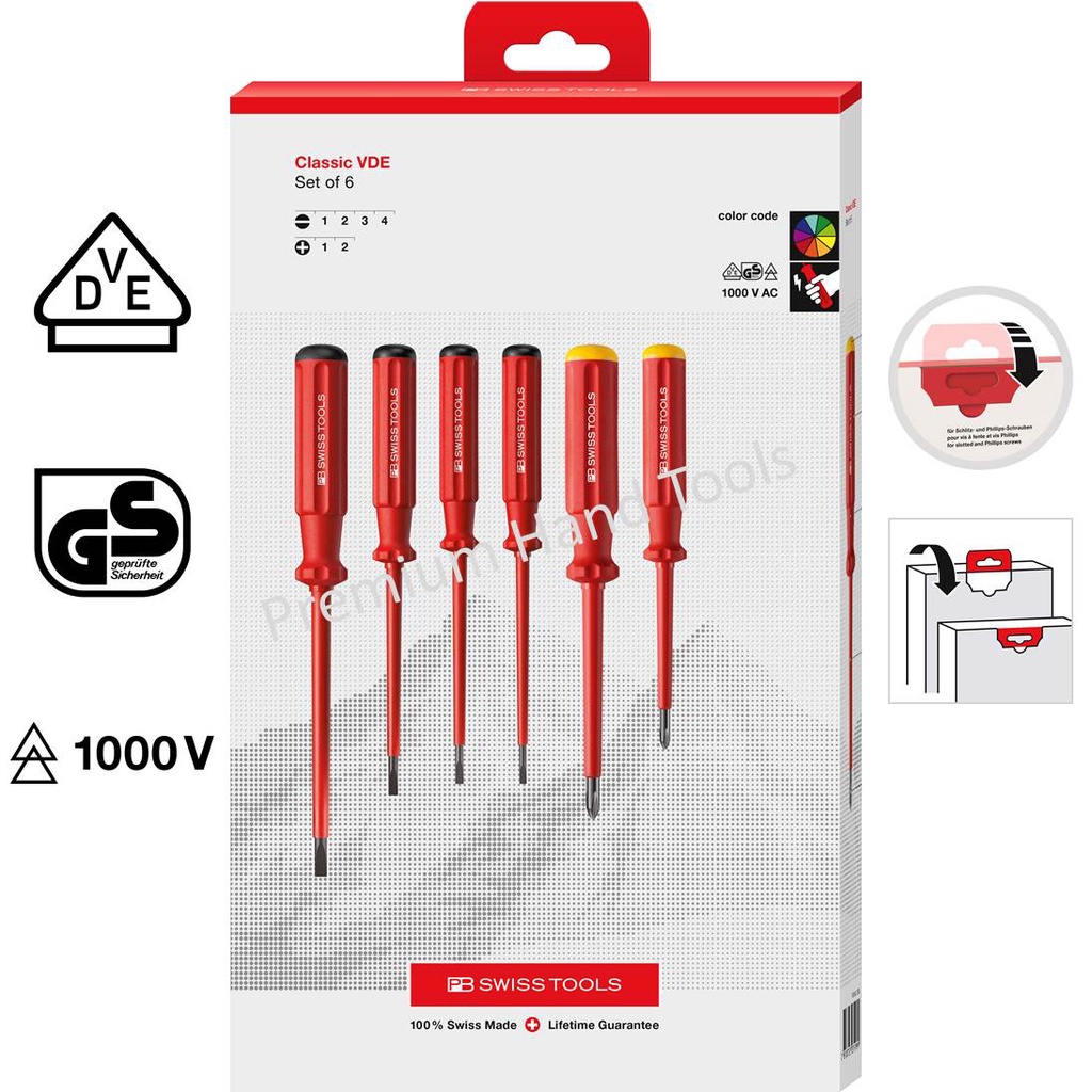 PB Swiss Tools ชุดไขควง แกนหุ้มฉนวนกันไฟฟ้า 1000 V AC ปากแบน เบอร์ 1-4 / ปากแฉก เบอร์ 1-2 New Packaging รุ่น PB 5542 CBB