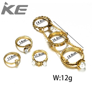 Korean version exaggerated chain diamond alloy ring set imitation pearl chain 6-piece joint ri