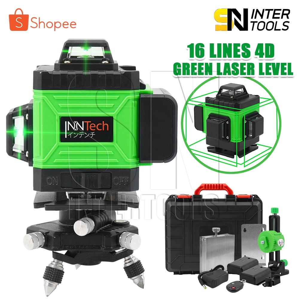 InnTech เครื่องวัดระดับเลเซอร์ เลเซอร์ 4 มิติ 16 แกน 360 องศา ลำแสงสีเขียว รุ่นท๊อปแบตใหญ่ 2 เท่า! PM-GREEN-4D พร้อมขาแขวนเลเซอร์ รีโมท ขาตั้ง กระเป๋าอย่างดี 16 Lines Green Laser Level ระดับน้ำเลเซอร์ เลเซอร์วัดระดับ เครื่องวัดระยะ 4D-16Lines-Green