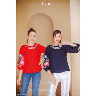 Carisa เสื้อ ผ้าลินิน ผสมผ้าฝ้ายเนื้อนิ่ม แขนสามส่วน ปักดอกไม้สวยๆ พร้อมซับใน ซิปข้าง [4199]