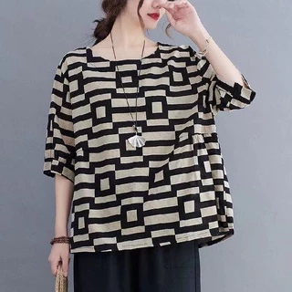 รุ่น-325เสื้อยืดแขนสั้นผ้าฝ้ายผู้หญิง ใหม่สไตล์เกาหลีหลวมขนาดใหญ่ลายสก็อตพร้อมส่ง