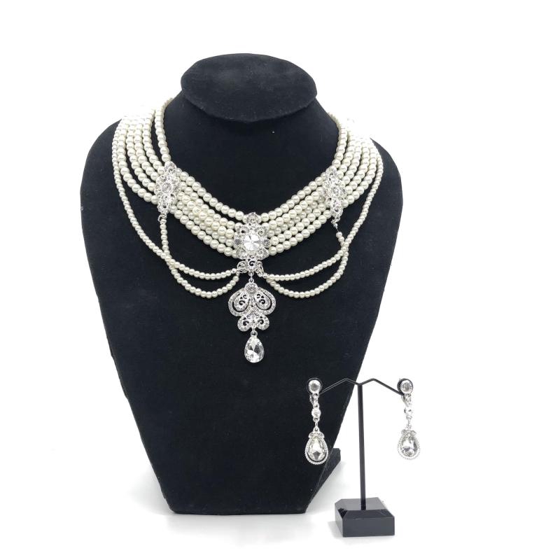 Vintage jewelry สร้อยคอไข่มุกฝ่ายเจ้าสาวย้อนยุคมุกเทียมเพชรต่างหูสร้อยคอชุดPearl necklace set - รูปที่ 3