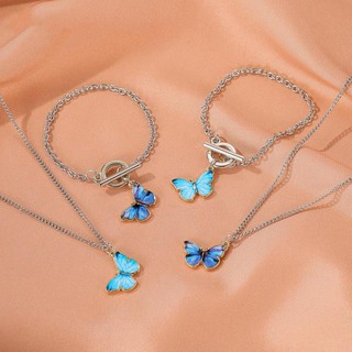 ( S . Fashion Style ) สร้อยข้อมือจี้ผีเสื้อสีฟ้าและสีม่วง