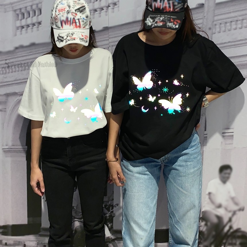 POOHPAND เสื้อยืดแฟชั่น สะท้อนแสง Oversize เนื้อผ้า Cotton 100% ลายน้องผีเสื้อวิบวับ สไตล์เกาหลี น่ารักๆ #4010