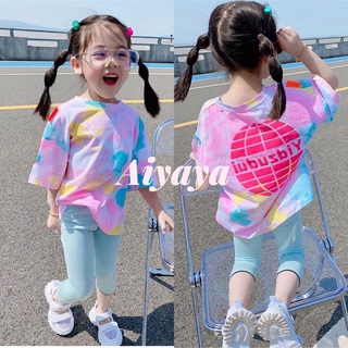 Aiyaya ชุดเสื้อผ้าเด็กผู้หญิง เสื้อผ้าเด็กผู้หญิง แขนสั้น สีอินเทรนด์ พร้อมเลกกิ้ง 090