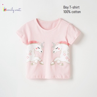 เสื้อยืดลําลองสําหรับเด็กผู้หญิงผ้าฝ้ายแขนสั้นคอกลมพิมพ์ลายการ์ตูน Cute Unicorn