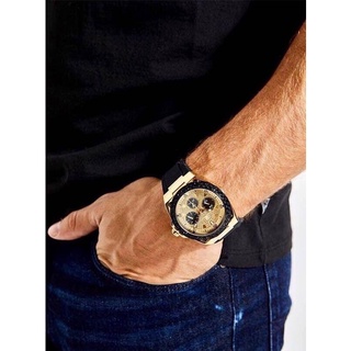 Guess Watch นาฬิกาผู้ชาย เท่มาก Mens Black and Gold-Tone Mens Black Leather Strap