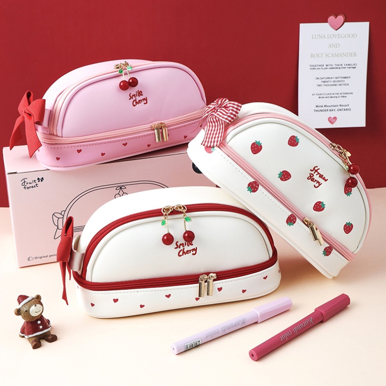 กระเป๋าดินสอ หนัง PU ขนาดใหญ่ จุของได้เยอะ แบบพกพา ลายสตรอเบอร์รี่ เชอร์รี่ เหมาะกับสํานักงาน และโรงเรียน สําหรับนักเรียน