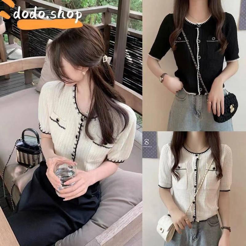 DODO🌟พร้อมส่ง​🌟​เสื้อคอกลมแขนสั้นแต่งกระเป๋าสองข้างทรงสวยฮิตสไตล์คุณผู้หญิงสีดำ/สีขาว(10029)